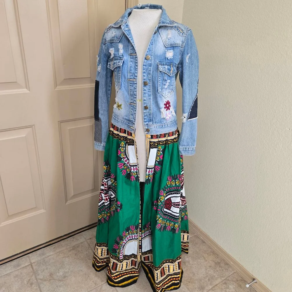 Custom made One Fine Day Boutique Blue Jean Jacket with Green Horse Embroidery S